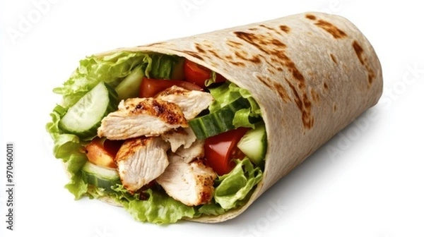 Fototapeta A healthy wrap filled with grilled chicken, lettuce, tomatoes, cucumbers, and a light dressing on a whole wheat tortilla.