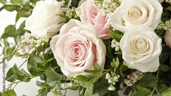 Fototapeta delicate arrangement of white and pink roses intertwined with greenery.