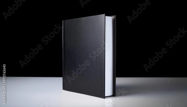 Fototapeta Minimalist Black Hardcover Book Standing on a Glossy Surface, Shot in a Dark Studio with Subtle Lighting Highlights Reflecting Off the Cover and Pages, Emphasizing Its Sleek, Professional Design