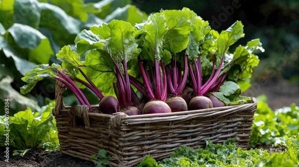 Fototapeta A basket of freshly picked beets (Beta vulgaris) with their deep red roots and lush green tops