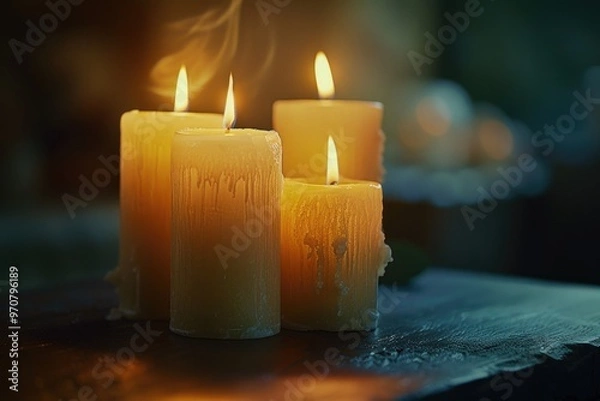 Fototapeta A group of three lit candles sitting on a table, ideal for use in interior design or photography settings