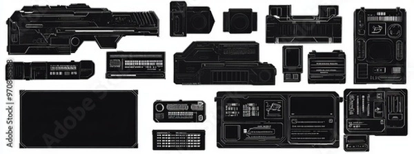 Fototapeta HUD technology set including circular points and targets. User-friendly HUD interface for gaming. Cyber-style gaming windows.