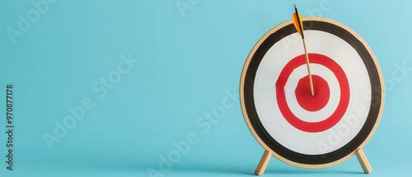 Fototapeta An archery target with arrows stuck in the bullseye, representing accuracy and focus