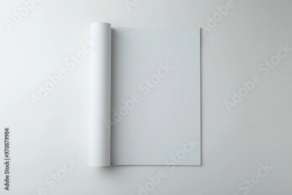 Fototapeta Open magazine with blank page on white background, top view. Mockup for design