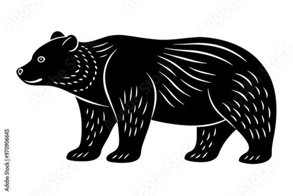 Fototapeta Hand drawn bear in a minimal linocut style. silhouette black color vector art illustration