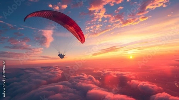 Fototapeta A striking sunset scene of a red paraglider soaring high above the clouds, surrounded by hues of orange and pink, exuding freedom and exhilaration.