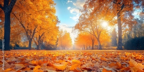 Fototapeta Bright autumn landscape with golden leaves covering the ground and trees in the background	