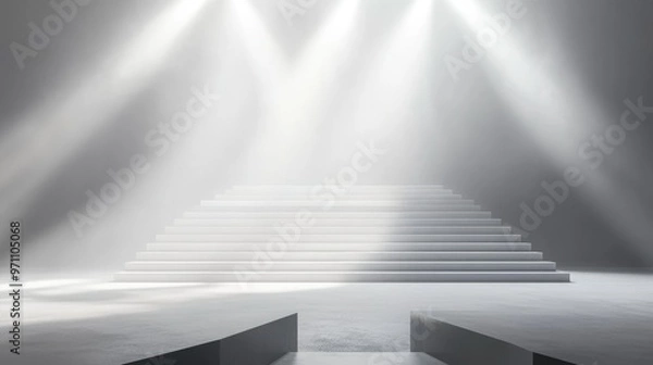 Fototapeta White stage with bright spotlight and luminescent steps, ideal for a dramatic performance or event