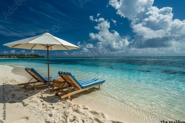 Fototapeta Chic Beach Scene with Blue and White Striped Chairs at The Maldives, Ocean View and Relaxing Atmosphere