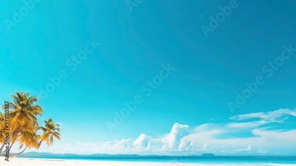 Fototapeta A serene beach scene with palm trees under a clear blue sky, perfect for relaxation and tropical vibes.