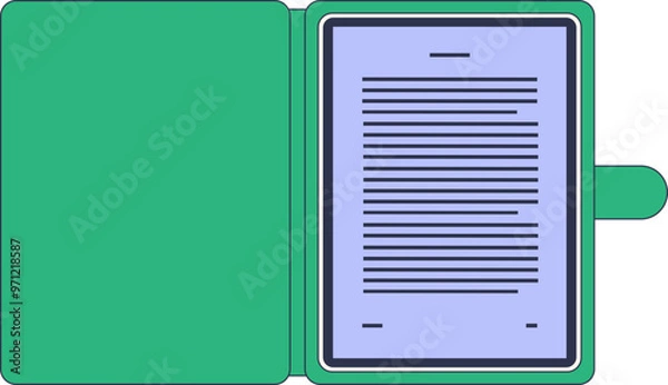 Fototapeta An e-reader with a green protective cover displaying a page of text, symbolizing modern reading technology.