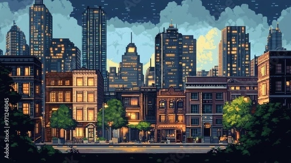 Fototapeta Retro urban landscape in 8-bit pixel art style, featuring colorful skyscrapers and streets filled with nostalgia and pixelated charm