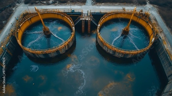 Fototapeta Sedimentation tanks with rotating arms and skimmers, capturing sludge and treating large volumes of wastewater