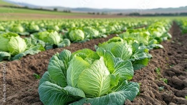 Fototapeta A field of cabbage (Brassica oleracea), being harvested for fresh market sales