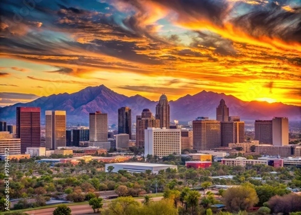 Fototapeta Vibrant sunset casts a warm glow on the modern downtown Phoenix, Arizona skyline, featuring sleek high-rise buildings and majestic mountain ranges in the distance.