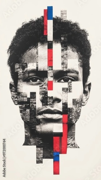 Fototapeta Abstract portrait of a man featuring fragmented black-and-white textures with bold red, white, and blue geometric overlays, creating a modern, striking visual.