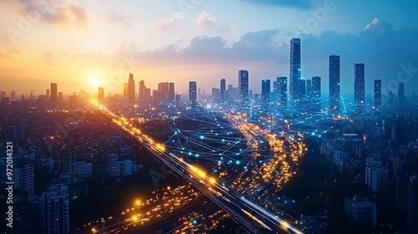 Fototapeta A futuristic cityscape at twilight, with glowing neon communication lines connecting advanced highways, smart trains, and sleek glass skyscrapers.