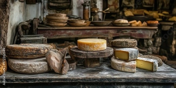 Fototapeta Artisanal cheese selection displayed on a rustic wooden table, showcasing various textures and shapes, perfect for food lovers.