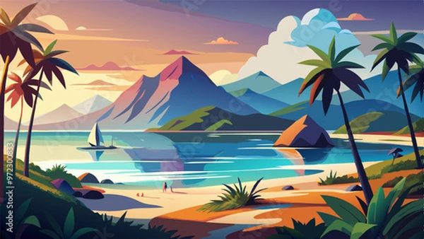 Fototapeta the mountains and the beach, vector illustration flat 2