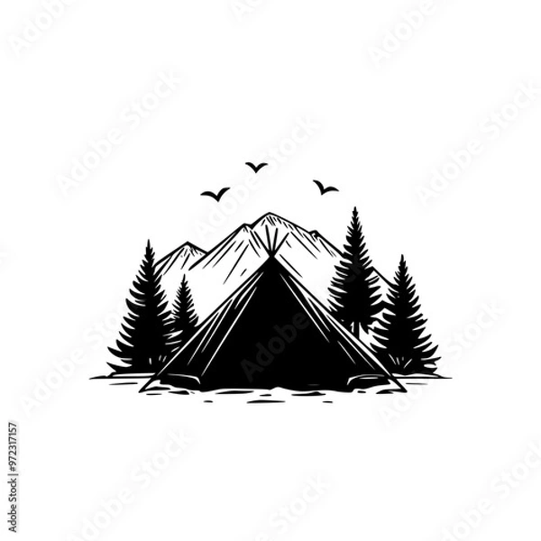 Fototapeta Mountain camping scene with tent and trees, Black and white illustration of a mountain camping scene, featuring a tent, tall trees, and a rugged mountain backdrop.
