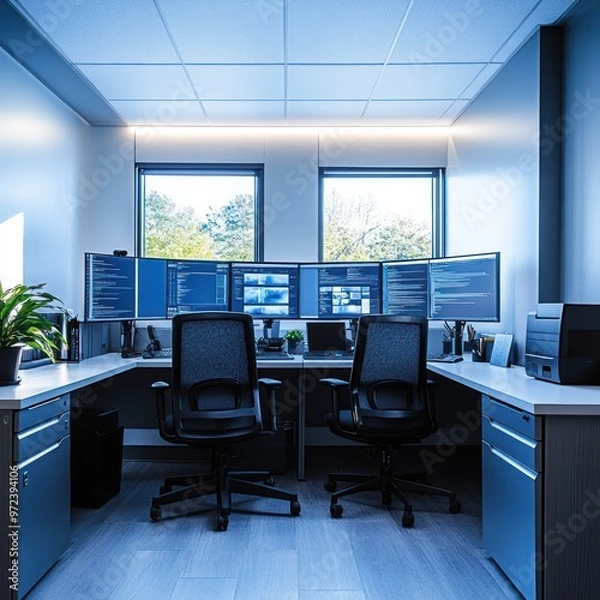 Fototapeta Modern office interior with two workstations, computer monitors, and chairs