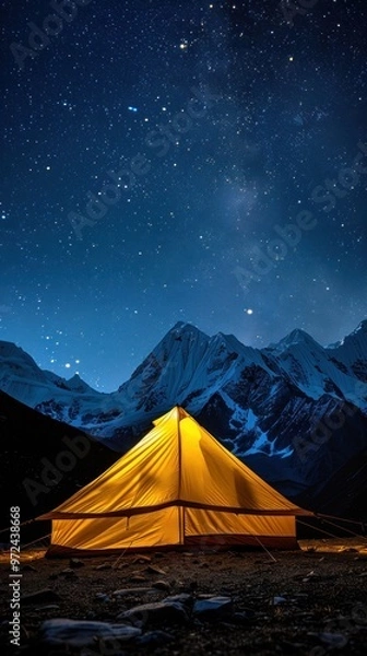 Fototapeta A tent is pitched in the mountains under a night sky filled with stars, creating a peaceful and serene atmosphere