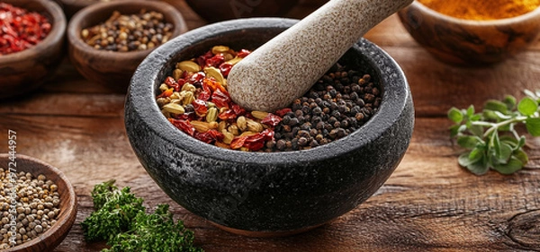 Fototapeta Traditional Chinese medicine with herbs and spices on a brown wooden background, mortar and pestle, for medicine advertising