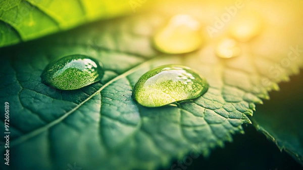 Fototapeta Stunning image capturing the beauty of nature, with water droplets gently adorning a lush green leaf, bathed in golden sunlight