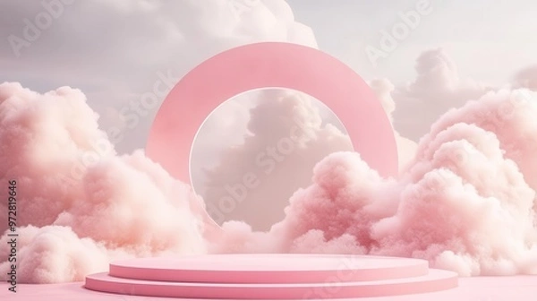 Fototapeta dreamy pink podium display with floating geometric shapes soft clouds and pastel sky background 3d rendered image blending surrealism and minimalism product showcase concept