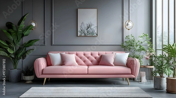 Fototapeta A stylish living room featuring a pink sofa, plants, and artwork, creating a cozy atmosphere.