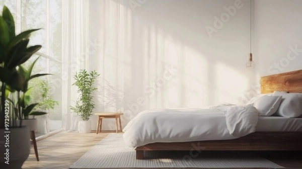 Fototapeta Home mockup, simple cozy Coastal bedroom interior background, 3d render