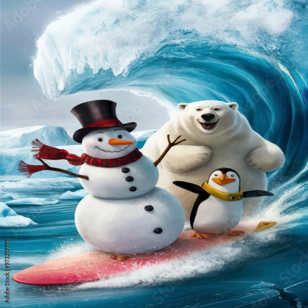 Fototapeta cheerful penguin, polar bear and snowman are surfing summer illustration