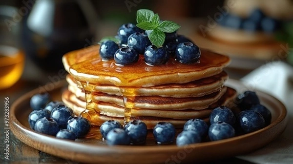 Fototapeta Delicious Stack of Fluffy Pancakes with Fresh Blueberries and Dripping Maple Syrup for a Perfect Breakfast