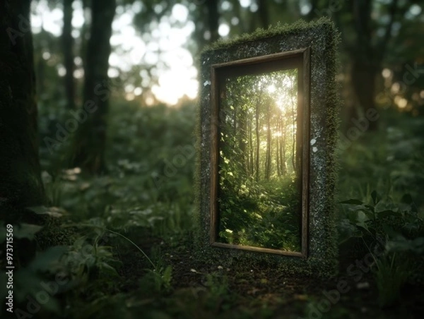 Fototapeta Enchanted Forest Mirror Reflecting Sunlit Trees in a Mystical Woodland Setting