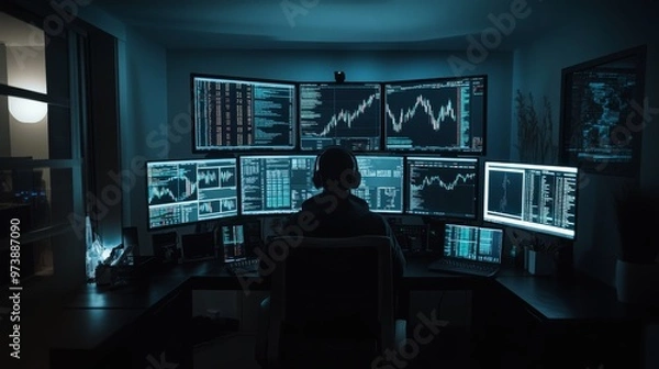 Fototapeta A person sits in a home office surrounded by multiple screens showing live cryptocurrency charts and blockchain data, actively analyzing market trends in a high-tech setting