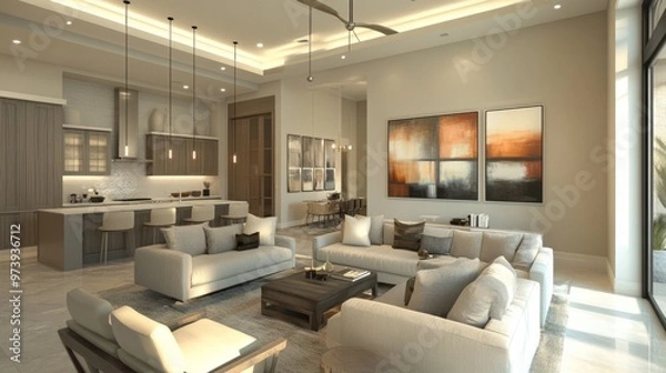 Fototapeta Contemporary living room with neutral tones, plush furniture, and an open-concept design, accented by modern artwork