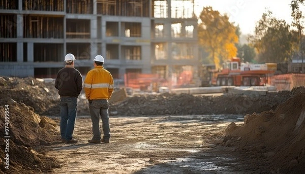 Fototapeta Two construction workers observing a building site at sunset, showcasing teamwork and dedication to the project.