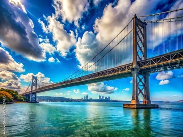 Fototapeta Vibrant blue waters and puffy white clouds surround the iconic bridge's majestic suspension towers, set against a