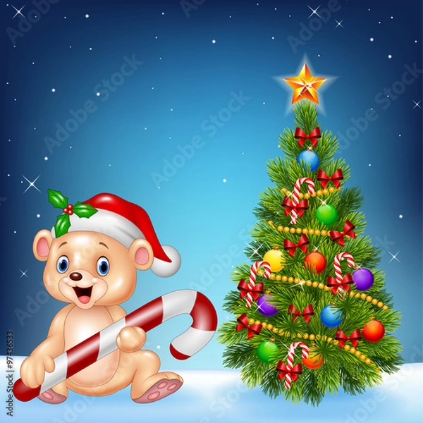 Obraz Cartoon happy bear with Christmas tree on a night sky background