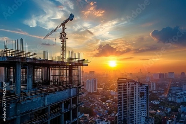 Fototapeta Construction Site at Sunset with Cityscape