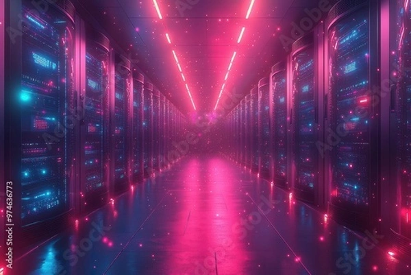 Fototapeta futuristic data nexus glowing server racks in neonlit room optical fibers creating web of light representing advanced network infrastructure