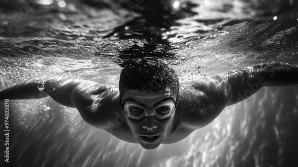 Fototapeta A swimmer gliding underwater, captured in a black-and-white photograph emphasizing motion.