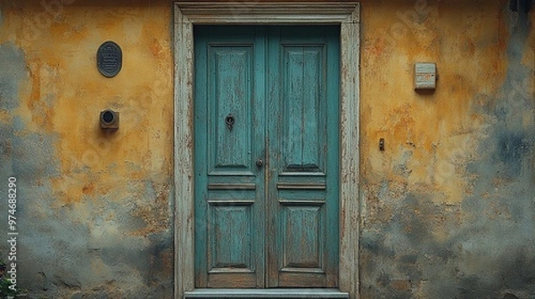 Fototapeta A weathered wooden door in a historic building