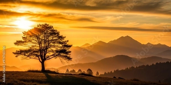 Fototapeta Solitary Tree Silhouette Against Mountainous Sunset, golden hour, sunrise, landscape