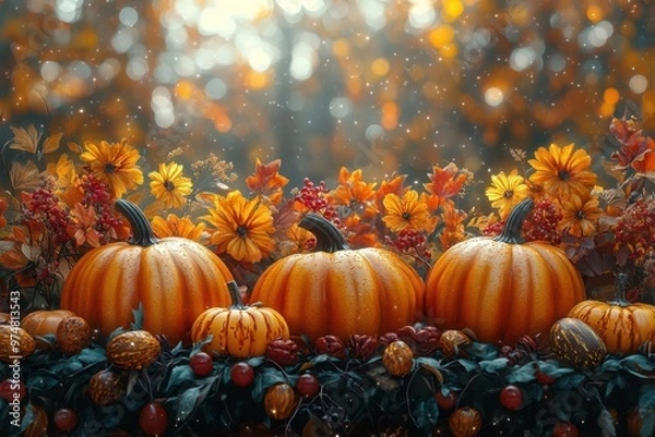 Fototapeta vibrant autumnal scene with artfully arranged pumpkins gourds and fall foliage rich warm colors and soft bokeh background create a cozy thanksgiving atmosphere