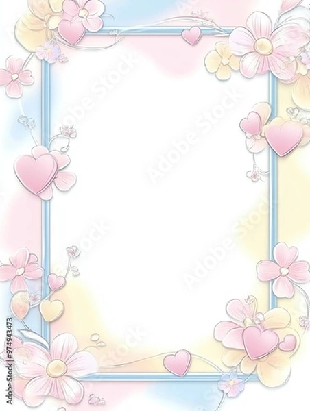 Fototapeta A whimsical floral frame featuring hearts and pastel colors, perfect for invitations or creative projects.