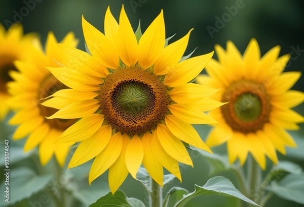 Fototapeta A vibrant yellow sunflower with its petals fully open, set against a blurred green background