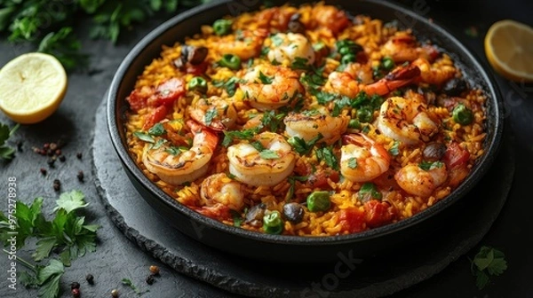 Fototapeta A vibrant shrimp paella garnished with herbs and lemon.