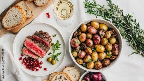 Fototapeta Overhead View of Steak Potatoes Bread and Pomegranate Seeds on White Tablecloth