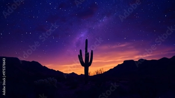 Fototapeta Cactus silhouette at sunset with starry sky, desert tranquility concept